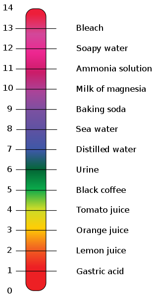 Image showing pH scale and example solutions at each pH level