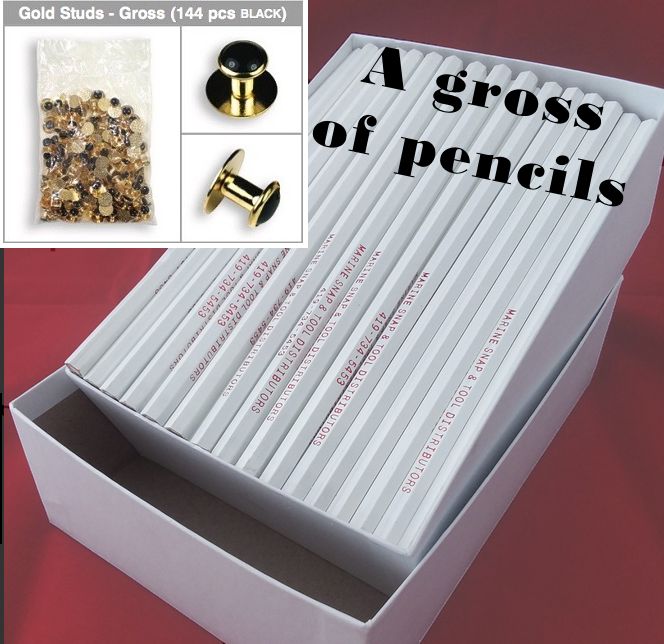 Photo showing a gross of gold studs and a gross of pencils.