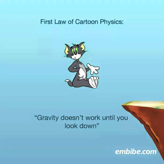 Cartoon of a cat past the edge of a cliff that is looking sideways and not falling.