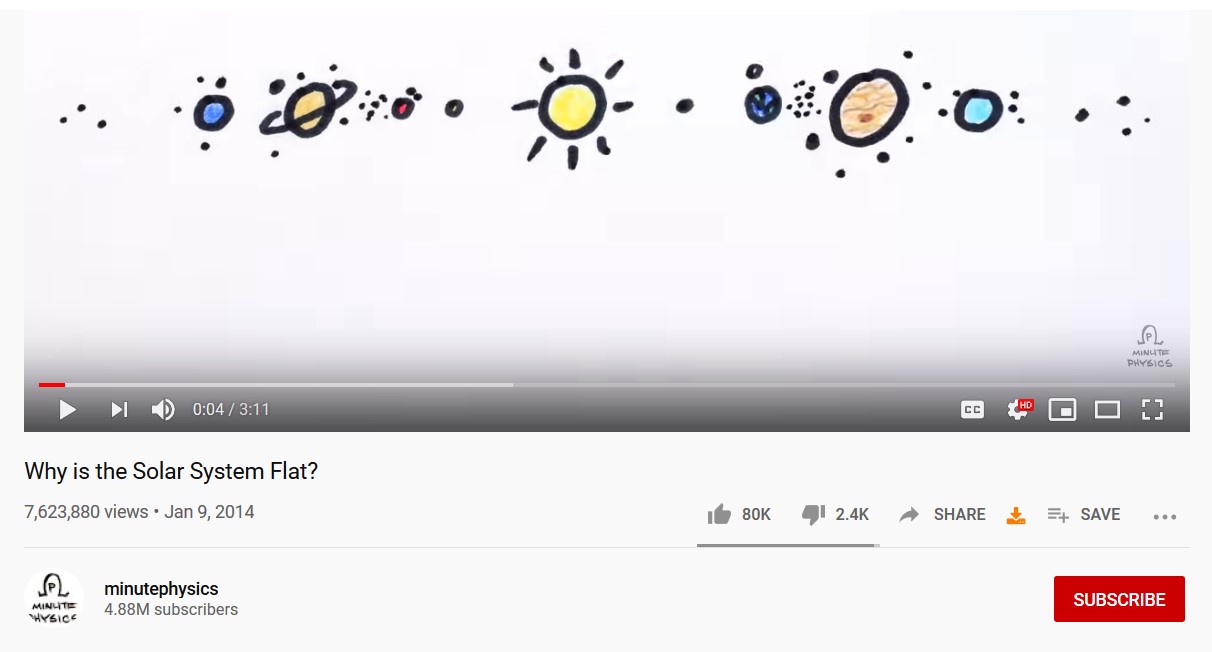 Screen shot of video showing all the planets lined up around the sun in a line