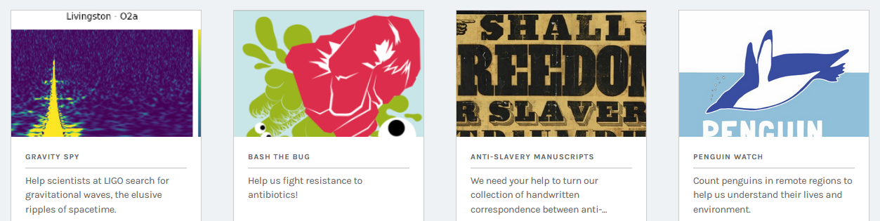 screenshot showing four Zooniverse projects
