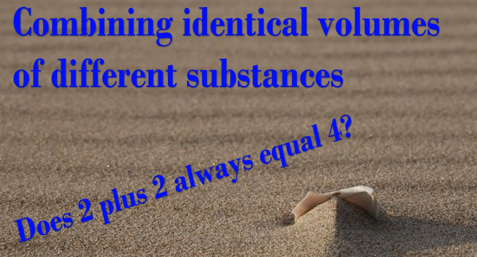 Image posing the question "Combining identical volumes of different substances. Does 2 plus 2 always equal 4?